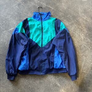 Vintage 90s Windbreaker Track Jacket Size XL Blue Colorblock Columbus Circle